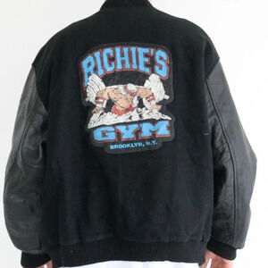 Vintage 90'S Mv Sport Black Richie's  Gym Brooklyn 100% Leather And Wool Bomber